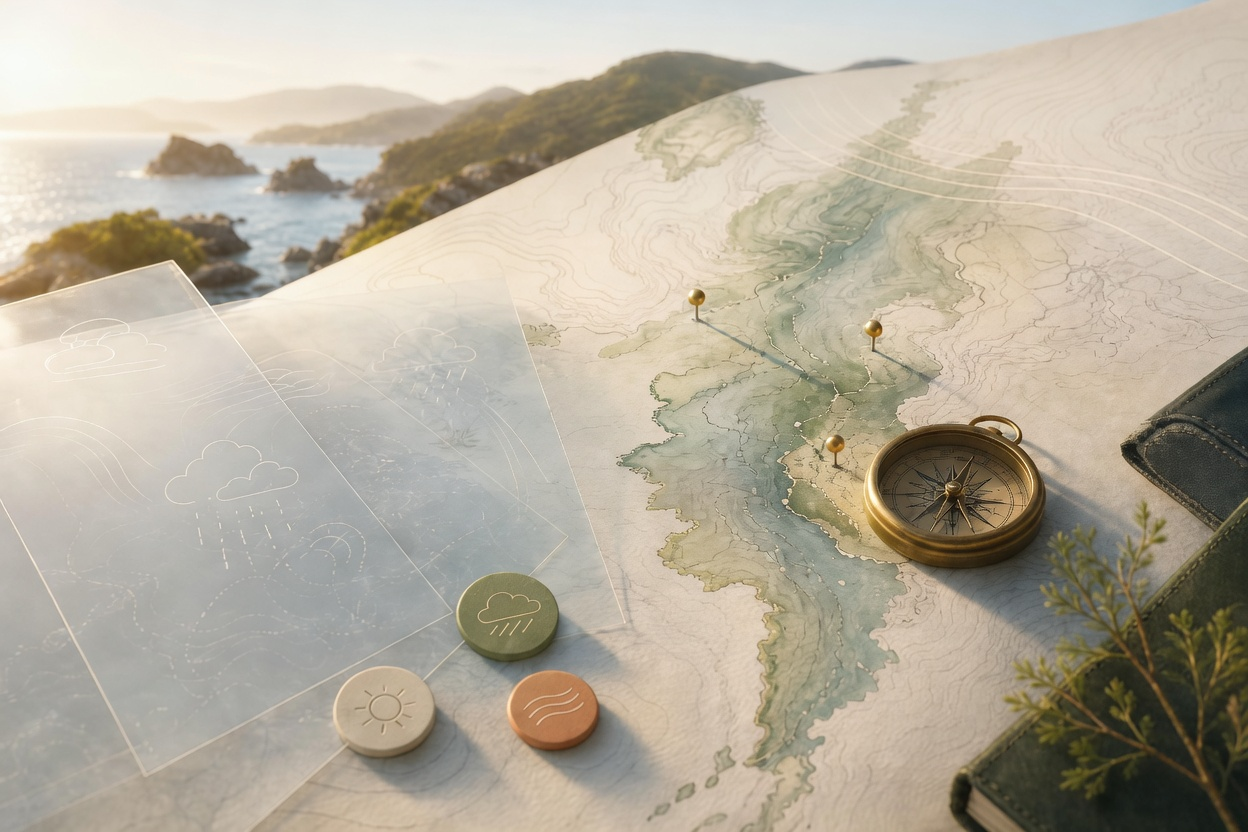 Travel weather map preview with climate layers and compass
